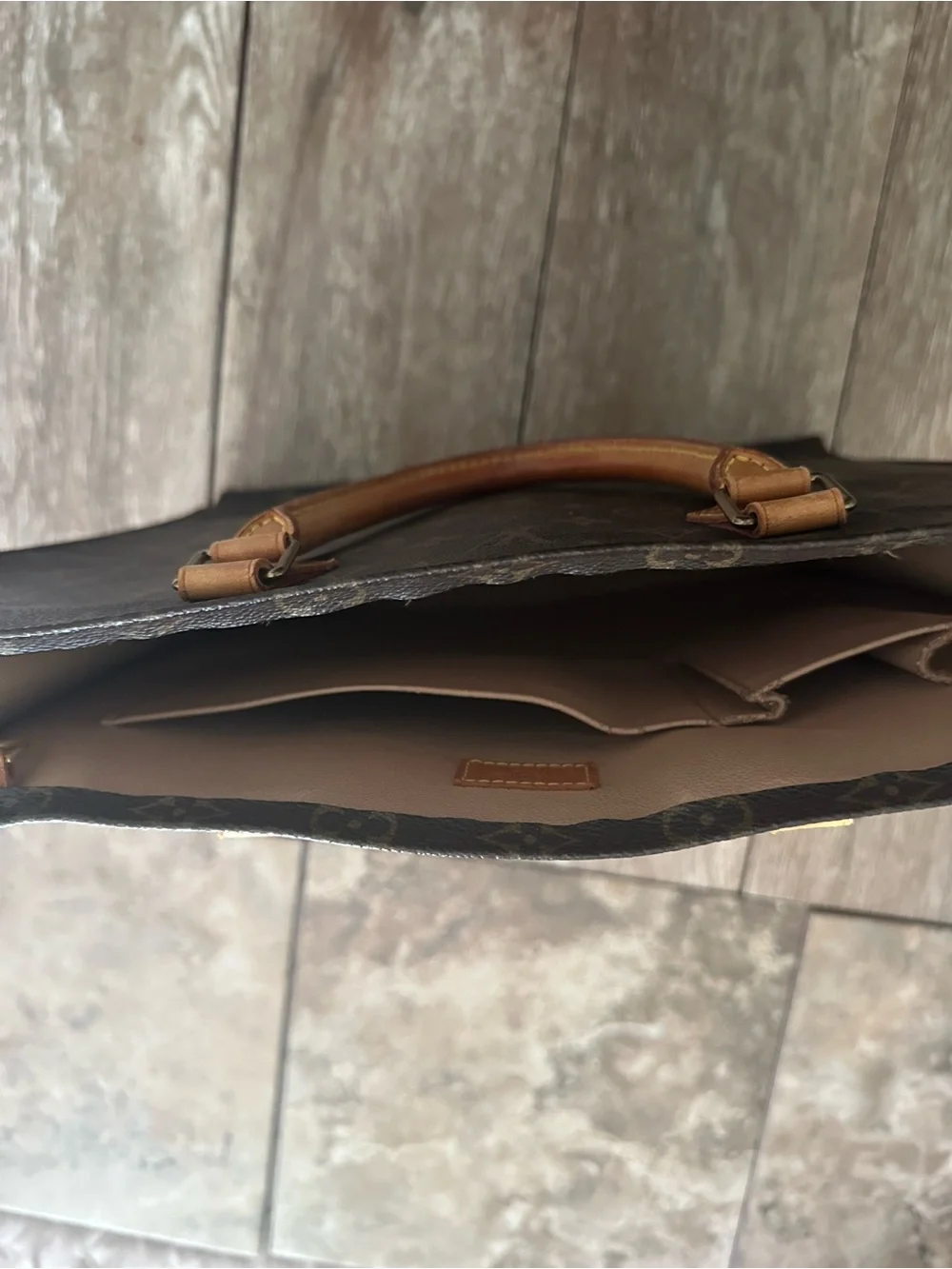 Vintage, 2002 Louis Vuitton Classic Brown/Tan Monogram Canvas Sac Plat Tote Bag